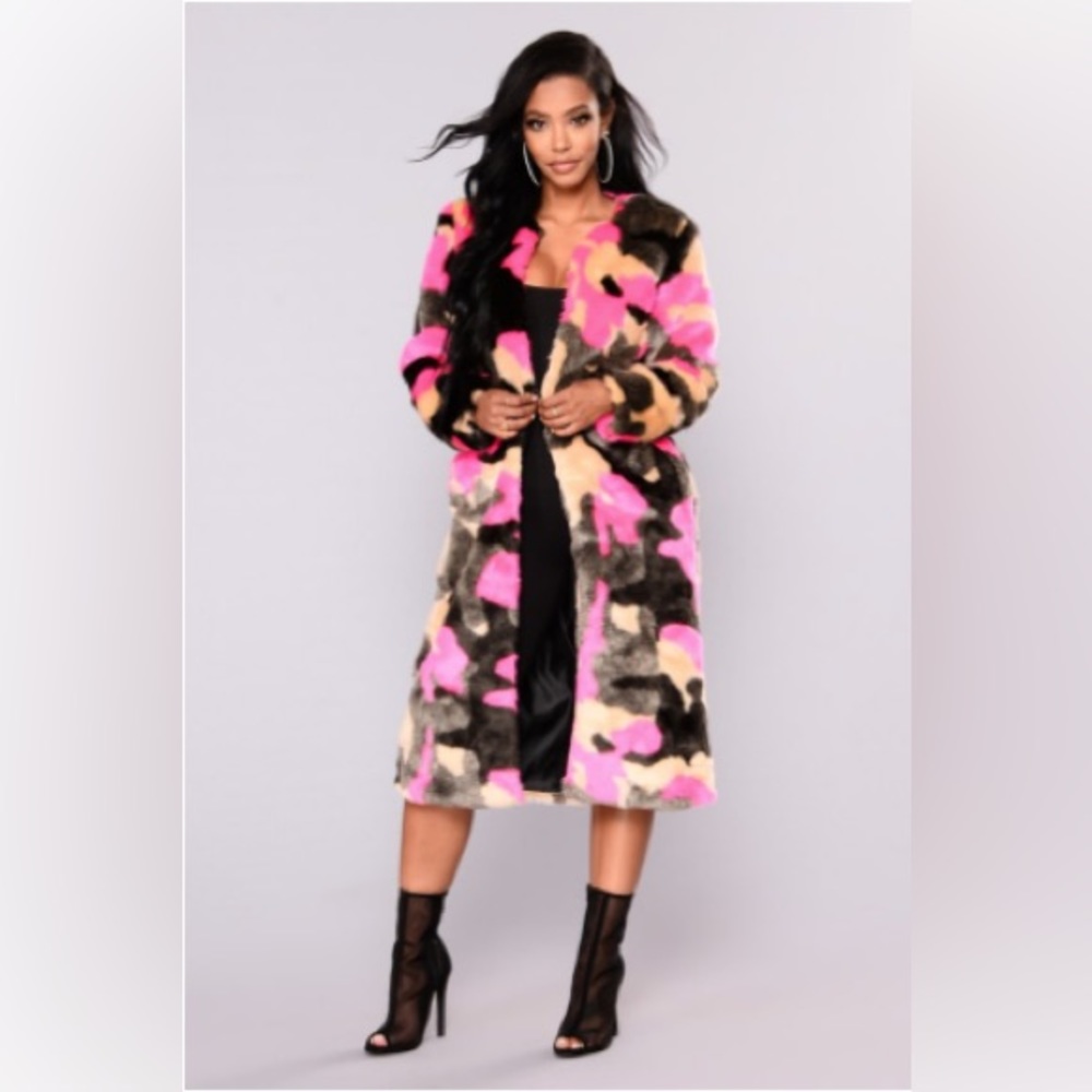 Pink+Multicolored Faux-Fur Coat